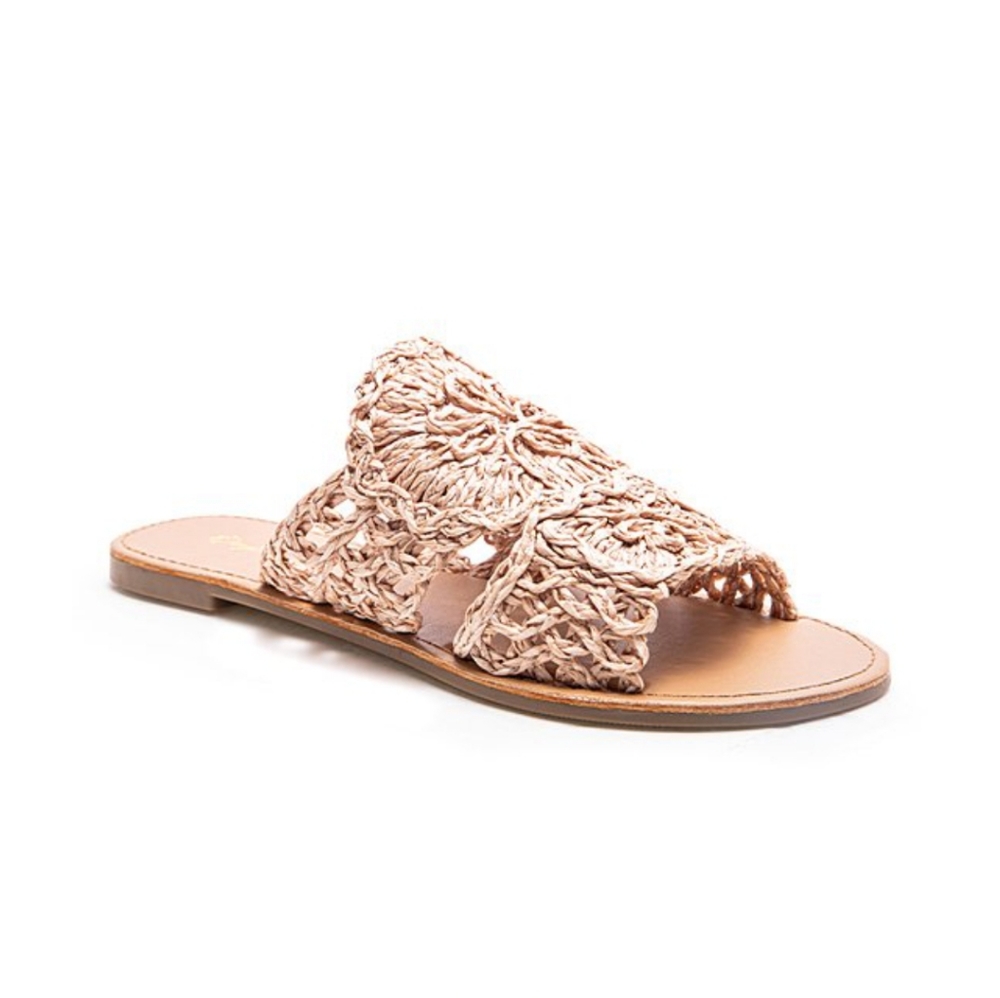 Blush Floral Woven Raffia Slide Sandals